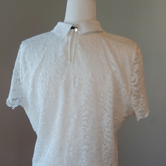 Karl Lagerfeld White Lace Women's Top with Fold Collar and Bow Size Large - Picture 8 of 16